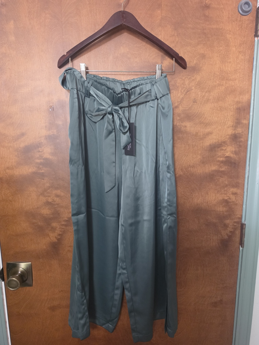 Rachel Zoe Emerald Satin Paperbag Waist Wide-Leg Pants